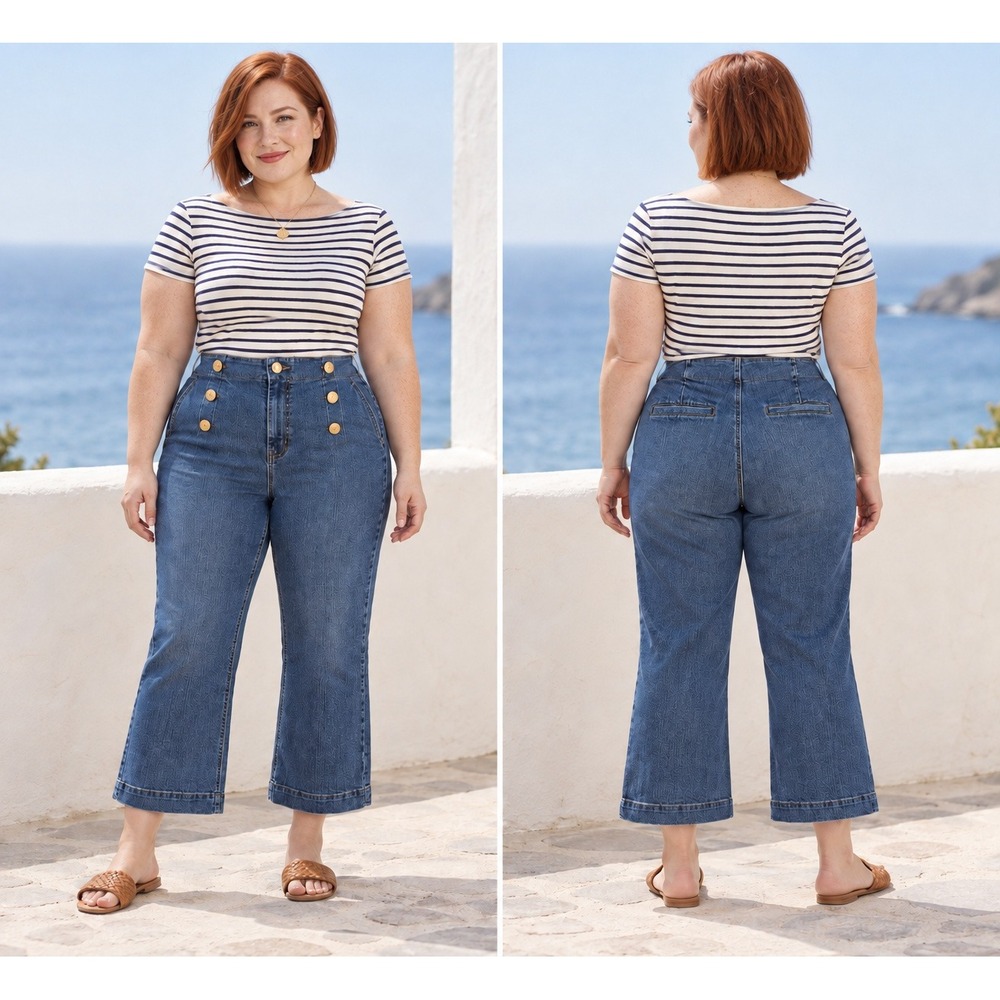 Boho Nautical Denim Sailor Blue HiRise WideLeg Crop Gold Button 16 Petite Jeans